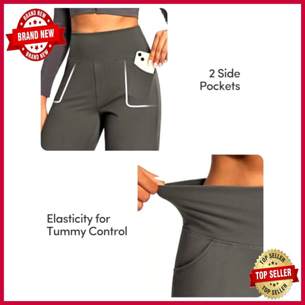 High Waist Wide Leg Yoga Pants with Pockets Tummy Control Stretch - Picture 4 of 6